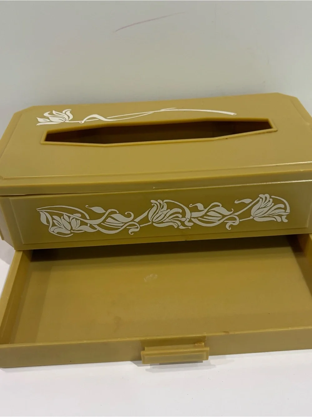 Vintage MCM Yellow Plastic Tissue Box Cover White Flowers With Drawer 70s Retro